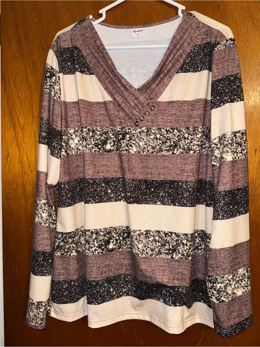 Cozy V-Neck Striped Long-Sleeve Top - Brown/Black/White